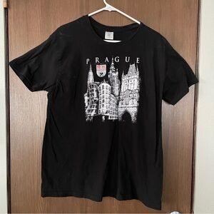 Black Short Sleeve Tee with Artistic Graphic of Prague